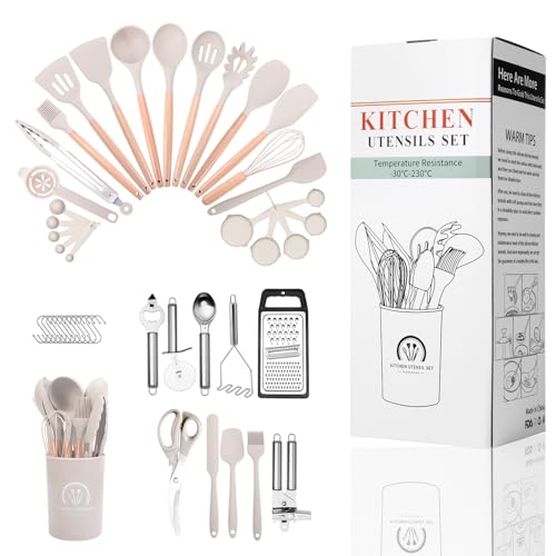ARCHAEOPTERYX Kitchen Cooking Utensils Set, 46 pcs Non-Stick Silicone Cooking Kitchen Utensils Spatula Set with Holder, Wooden Handle Silicone Kitchen Heat Resistant Gadgets Utensil Set (Khaki)