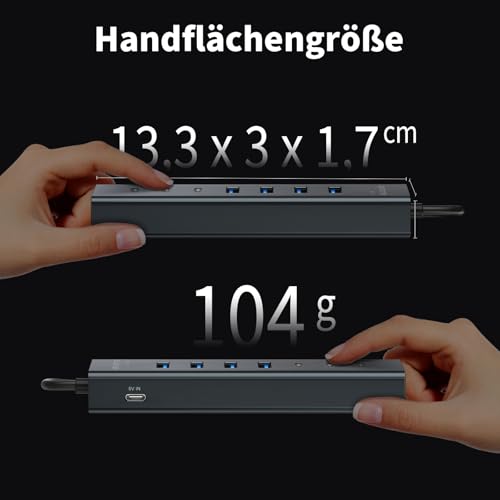 7-Port USB Hub 3.0 with 120 cm Cable for Desktop, Aluminium USB Splitter 5Gbps Multiport Adapter with 4 USB-A & 3 USB-C Port, 5V 3A Type-C Port for PC, Laptop, MacBook, U-Disk, Mouse