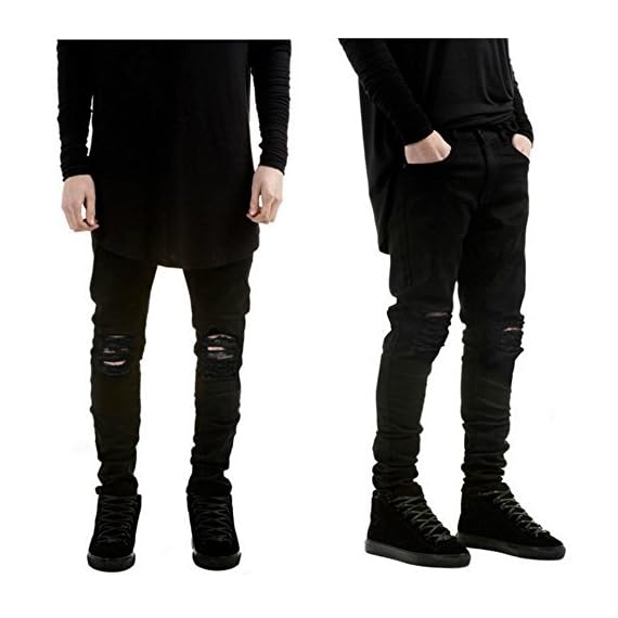 Leward-Mens-Slim-Fit-Black-Stretch-Destroyed-Ripped-Skinny-Denim-Jeans-36-Black