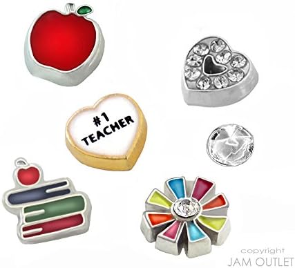 6 Pc Teacher Thank You Graduation Apple Themed Floating Charm Set - fits all Glass Memory Lockets