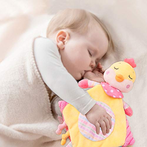 Baby Rattles Security Blanket Soft Fabric Lovey Blanket with Lovely Animal, Helps Calm Kids to Sleep for Infants, Newborn (Chick)