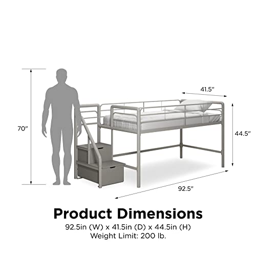 DHP Junior Twin Metal Loft Bed with Storage Steps, Multifunctional