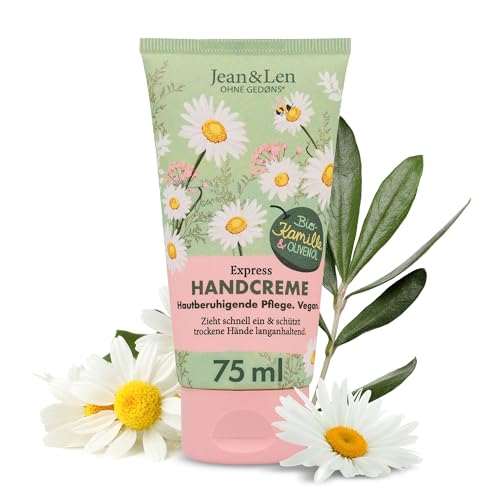 Jean & Len Handcreme Kamille & Olivenöl, vegane Pflegeformel mit Bio-Kamillenblüten Extrakt & Olivenöl, hautberuhigend, zieht schnell ein, vegane Handpflege, ohne Parabene & Silikone, 75 ml thumbnail 1