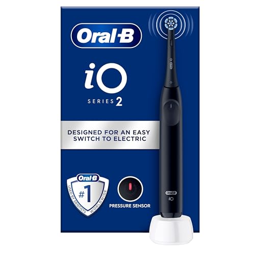 Oral-B iO 2 elektrische Zahnbürste, schwarz, für Erwachsene, 3 Reinigungsmodi, sanft für das Zahnfleisch, weiche Bürste, Zubehör, Ersatzbürste, Ladegerät