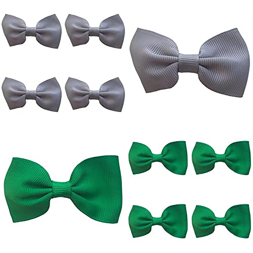 10pcs Girls School Hair Bows Clips Slides Grips 2.7" Inch Small Straight Hairbows 5x Grey 5x Green