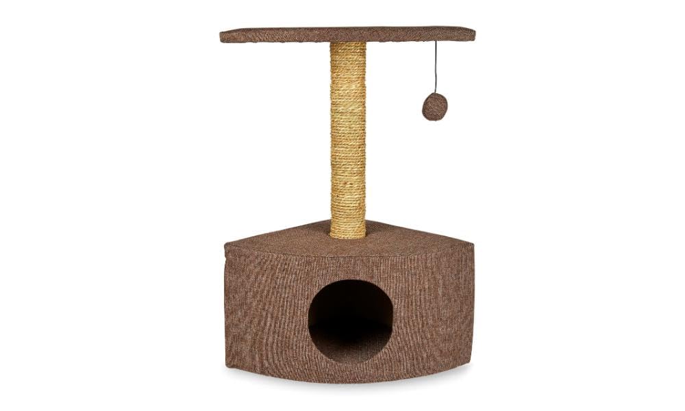 Petface Corner Cat Scratcher with Hide Box and Ball Toy, Brown, 30L x 49W x 40H cm