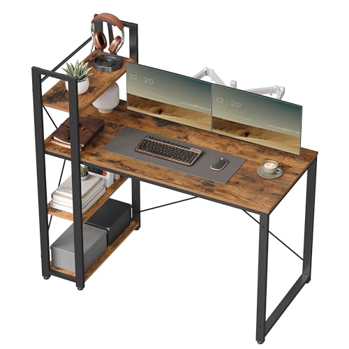 VASAGLE Schreibtisch, Computertisch mit Regalböden rechts oder Links, 120 cm breiter Bürotisch, für Arbeitszimmer, Homeoffice, einfacher Aufbau, vinta