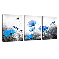Blue Cosmos Daisy Flower Canvas Art Prints Salon Theme Black and White floral Abstract Painting Still Life Wall Art for Home Decor Framed Ready to Hang (12x16inchx3）