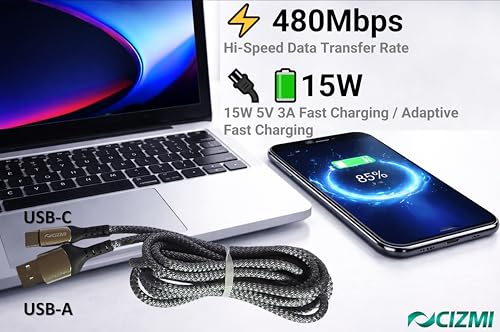 ✦ CIZMI USB-A To USB-C Home & Car Cable, Long 2 m | 15W 5V 3A Fast Charger | USB 2.0 480Mbps | Compatible with iPhone 17/16/15, Samsung Galaxy, Laptops, Cars, Chargers, PC & More| Grey, 2m, Braided