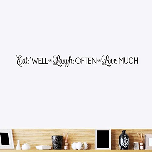 Eat Well, Laugh Often, Love Much Wall Stickers Decals Kitchen Home Decor Dining & Cooking Quote Decal Heart Removable Vinyl Art Decoration (42’’ X 4.3’’, Black)