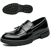 Men's Fashion Tassel Platform Loafers Comfortable Wide Round Toe Slip on Lug Sole Low Block Heel Business Dress Shoes Non-Slip Work Office Casual Shoes