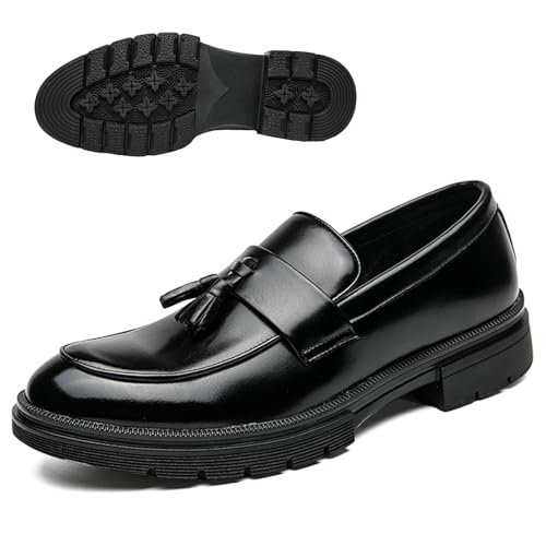 Photo 1 of Men's Fashion Tassel Platform Loafers Comfortable Wide Round Toe Slip on Lug Sole Low Block Heel Business Dress Shoes Non-Slip Work Office Casual Shoes (Black,9.5)