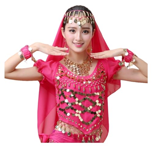 Women's Shiny Bead Belly Dance Top, Puff Sleeve Chiffon Sequin Dance Crop Top, Glitter Coins Tassels Blouses for Festival Clubbing Wear, Self-tie Back Tribal T Shirt for Belly Dance Performance Outfit