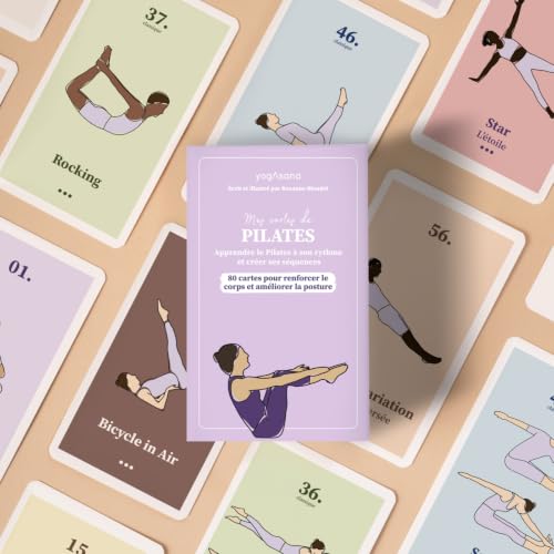 yogAsana French Pilates Card Game - 80 Cards | 67 exercises, 10 sequences, beginner to advanced levels, practice at home, mobility, sheathing and tone