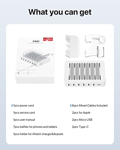 SooPii USB Charging Station Organizer for Multiple Devices, 6 Ports 50W Charging Dock with 6 Cables and Upgraded Holder Included, for Phones,Tablets and Other Electronics