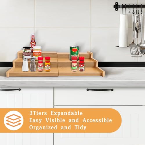 Keqin 3 Tier Expandable Bamboo Spice Rack Organizer for Cabinet, Kitchen, Cupboard, Pantry Storage Shelf