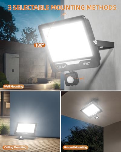TOPAUBUB 100W 10000LM Outdoor LED Spotlight with Motion Sensor 1 Piece, 6500K Cool White Waterproof IP67 Outdoor Spotlight with Motion Sensor for Patio, Garden