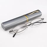 Ultra Slim Polished Full Frame Lightweight Unisex Men Women Eyewear Reading Glasses w/ Portable Aluminum Pocket Clip Tube Case (+1.50, Gunmetal frame)