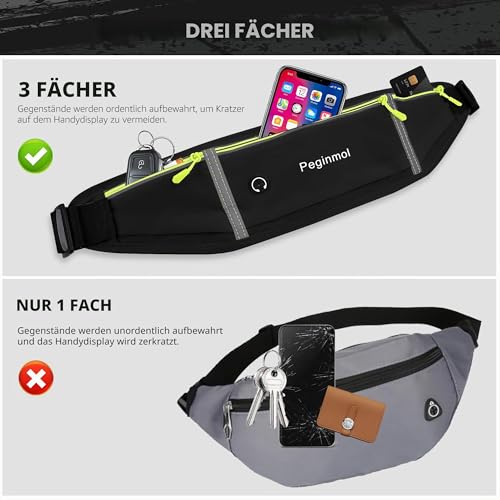 PEGINMOL Running Belt for Mobile Phone, Running Bag Jogging Waterproof Runner Waist Bag for Men and Women with 3 Pockets, Large Capacity Sports Belt, Adjustable Running Belt for Running (Black + Green)