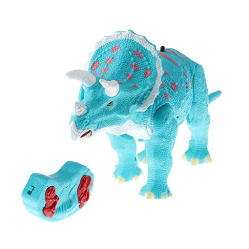 Flameer Kids Remote Control RC Triceratops Dinosaur Electronic Pet Toy Action Figure Moving & Walking Robot w/ Roaring Sounds & Glowing Eyes – Blue