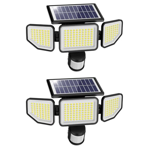 Onforu 4500LM Solar Lights Outdoor, 3 Heads Security Lights with Remote Control, IP65 Waterproof Motion Sensor Lights, 3 Modes Flood Lights for Wall, Porch, Yard, Outside (2, Black)