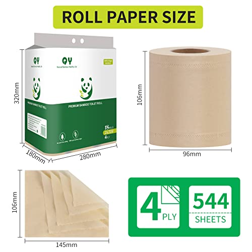 QingYa Bamboo Toilet Paper, 4-Ply, 18 Rolls, 200 Sheets Per Roll, Total 3600 Sheets, Unbleached, Sustainable and Tree Free, Soft, Strong, Earth-Friendly