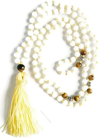 6mm White Pearl Shell, Tiger Eye &amp; Silver Lotus Beads, Yellow Knotted 108 Bead Mala Necklace Tassel (8mm)