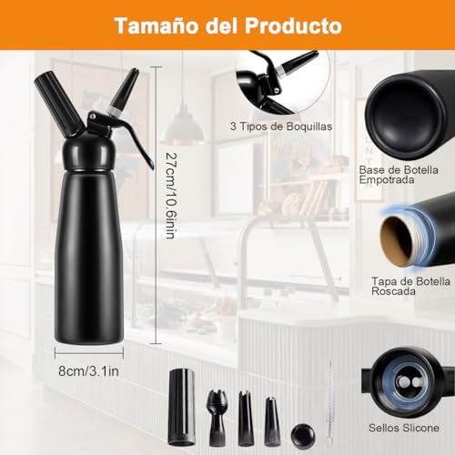 Dispensador de Crema Batida Sifón Crema Batida Máquina Profesional de Batir Crema, Fabricante Espuma de Batido con Sifón 3 Boquillas, Batidor de Crema para Cremas Hechas en Tarta Postre Café, 500ml