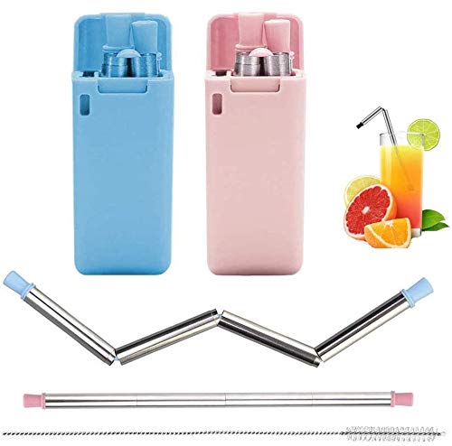2 Pack Collapsible Reusable Straw, Composed of Stainless Steel and Food-Grade Silicone, Portable Set with Hard Case Holder and Cleaning Brush, for Party, Travel, Outdoor (Blue & Pink)