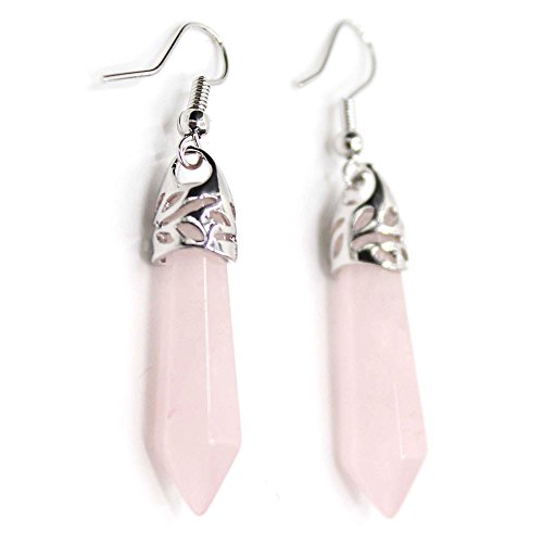 KISSPAT Real Natural Rose Quartz Healing Point Crystal Gemstone Chakra Dangle Earrings