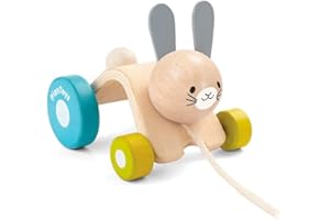 PlanToys Hopping Rabbit Pull Toy - Sustainably Made from Rubberwood Featuring Organic-Pigment Coloring and Water-Based Dyes with Hopping Action when Pulled