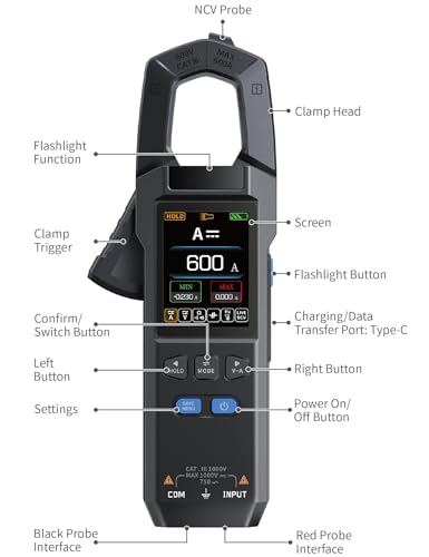 LBOYLOVE® DMC-100 Digital Clamp Meter Multimeter, 9999 Counts TRMS, 600A Curve Recording Rechargeable Amp Meter with AC/DC Voltage Current, Continuity, Capacitance, Diode Resistance Test, Temperature