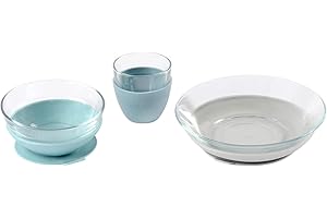 BÉABA BEABA 3-Piece Glass Meal Set with Silicone Suction, Toddler Plate and Baby Bowls with Suction, Non Slip Kids Dinnerware Set, 2.5x Stronger than Regular Glass, (Rain)