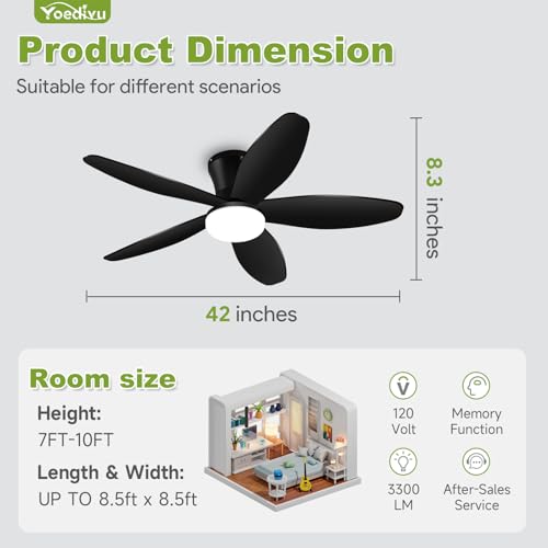 Yoedivu Black Ceiling Fan with Light, 42 Inch Low Profile Flush Mount Ceiling Fan 6-Speed Wind, Quiet Reversible DC Motor, 3 Color Dimmable Lighting, Small Ceiling Fan for Living Room/Kitchen/Bedroom