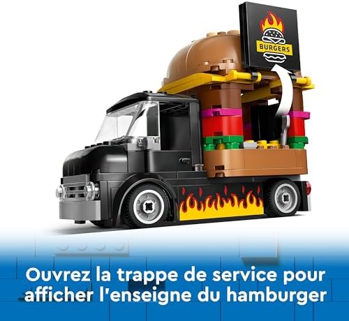 City Le Food-Truck de Burgers, Jouet de Camionnette, Cadeau pour Garçons et Filles de 5 Ans ou Plus, Jeu Imaginatif avec Camionnette et Cuisine, Minifigurines de Vendeuse 60404