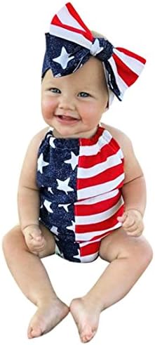 Joint Newborn Baby Girls Boys Infant 4th of July Star Romper+Headband Set American Flag Clothes (3~6 Months, Dark Blue)