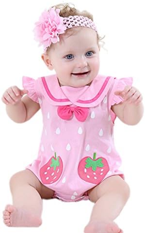Girls Bodysuits With Headband Set for 0-2 years old Baby Summer Romper (90CM/12-18 M, Pink)