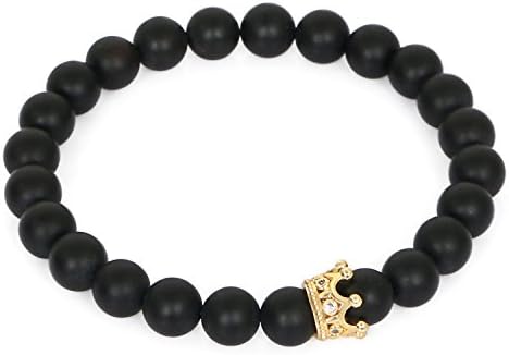 LOLOJ Charm Black Matte Agate Kings Crown Energy Beaded Bracelet(Gold)