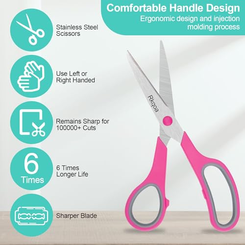Scissors, 6 Pack 8" All Purpose Stainless Stee Scissor for Everyday Use | Comfort-Grip Sharp Scissor for Office School Classroom Craft Sewing Supplies, High/Middle Student Teacher, Right/Left Handle