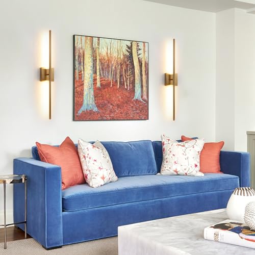 Wall Sconces Set of 2 Brushed Brass Gold LED Integrated 3000k 12W Wall Light Modern Metal Sconces Wall Lighting with Metal Linear Rod Luminaire Mural Indoor Wall Lamp for Bedroom Living Room