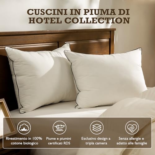 BPC Organic Feather and Down Pillow, 50 x 75 cm, Set of 2, Luxury 3 Bedroom Hotel Bed Pillow, 50 x 75 cm Cushion with 100% Cotton Cover, White