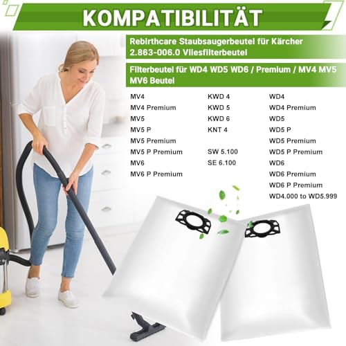 Rebirthcare Vacuum Cleaner Bags for Karcher 2.863-006.0 Fleece Filter Bags 487 Replacement Bags WD4 WD5 WD6 WD5P WD6P Premium MV4 MV5 MV6 Bags Filter Bags Wet & Dry Vacuum Cleaner Bags Bags