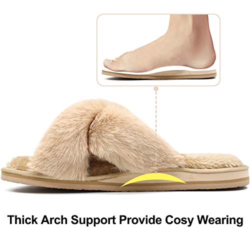 COFACE Womens Fuzzy Slides Fluffy Faux Fur Cross Slippers Open Toe Yoga