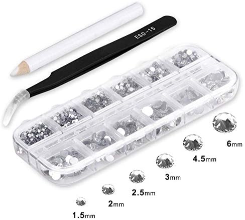 Hommie 2016 Pcs Flat Back Rhinestones Clear Crystal Round Rhinestones Gems 6 Sizes 1.5-6 MM with Tweezers and Picking Up Pen for DIY Crafts Nail Art Jewelry