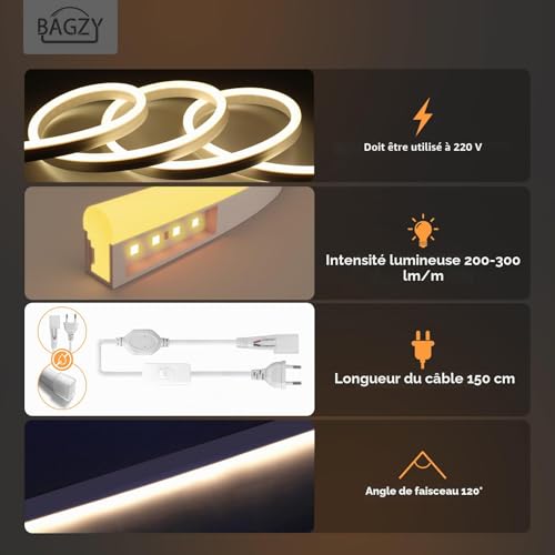 BAGZY Waterproof Outdoor LED Strip 50 m Yellow LED Strip 220 V Neon Strip Light IP65 Waterproof Flexible Indoor Cut-Off Included Mains Adapter for Bedroom Kitchen