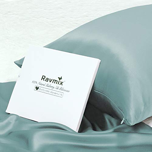 Ravmix Slip 100% Pure Mulberry Silk Pillowcase King Size for Hair and Skin with Hidden Zipper, 21 Momme 600TC Hypoallergenic Soft Breathable Both Sides Silk Pillow Case, 1-Pack, 20×36inch, Aqua Green - Thumbnail 5