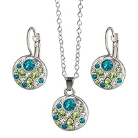 HUAhuako Women Jewelry Set, Gift for Your Loved one, Girl, Wife, Rhinestone Round Pendant Necklace Chain Leaverback Earrings Rose Gold Silver Silver