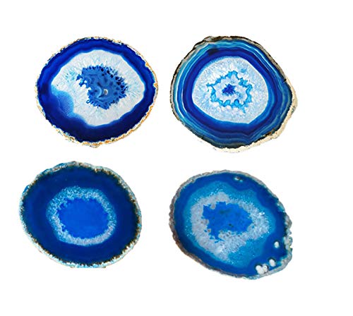 JIC Gem Natural Sliced Dyed Agate Coaster Blue with Rubber Bumper Set of 4 Polished Beverage Coasters Home Decoration 3-3.5"