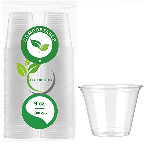9 oz Eco Friendly Party Cups,100 Clear Corn Plastic PLA Cups Disposable Compostable Drinking Tumblers Biodegradable Punch
