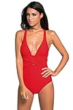 Shawhuwa Womens Sexy Retro V Neck Strappy One Piece Swimsuit Bathing Suit S Red